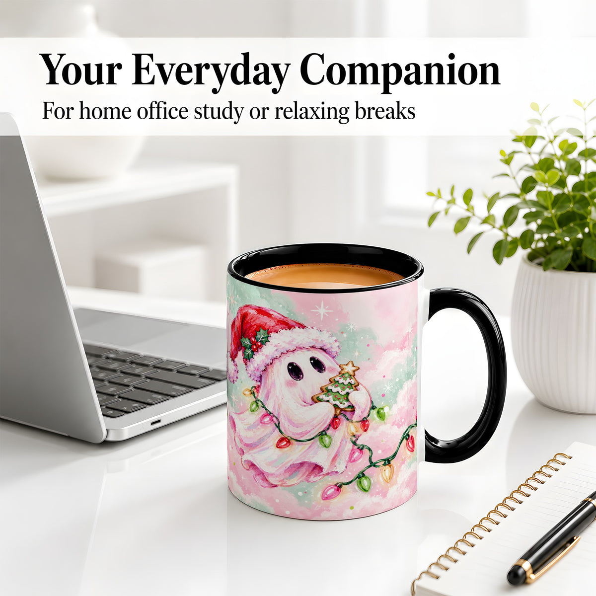 #pl[11oz|Black] Cute Christmas Ghost Accent Mug, Ceramic Cup with Holiday Lights