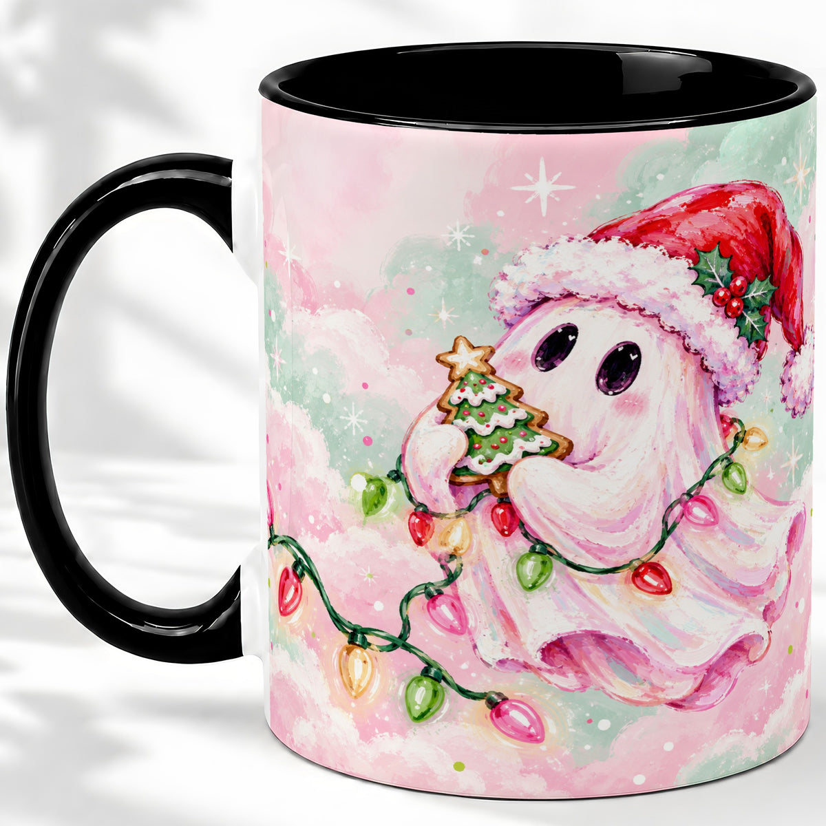 #pl[11oz|Black] Cute Christmas Ghost Accent Mug, Ceramic Cup with Holiday Lights