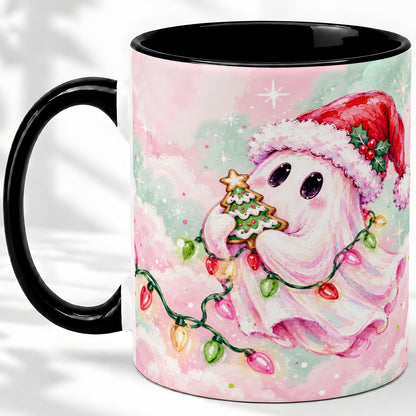 #pl[11oz|Black] Cute Christmas Ghost Accent Mug, Ceramic Cup with Holiday Lights