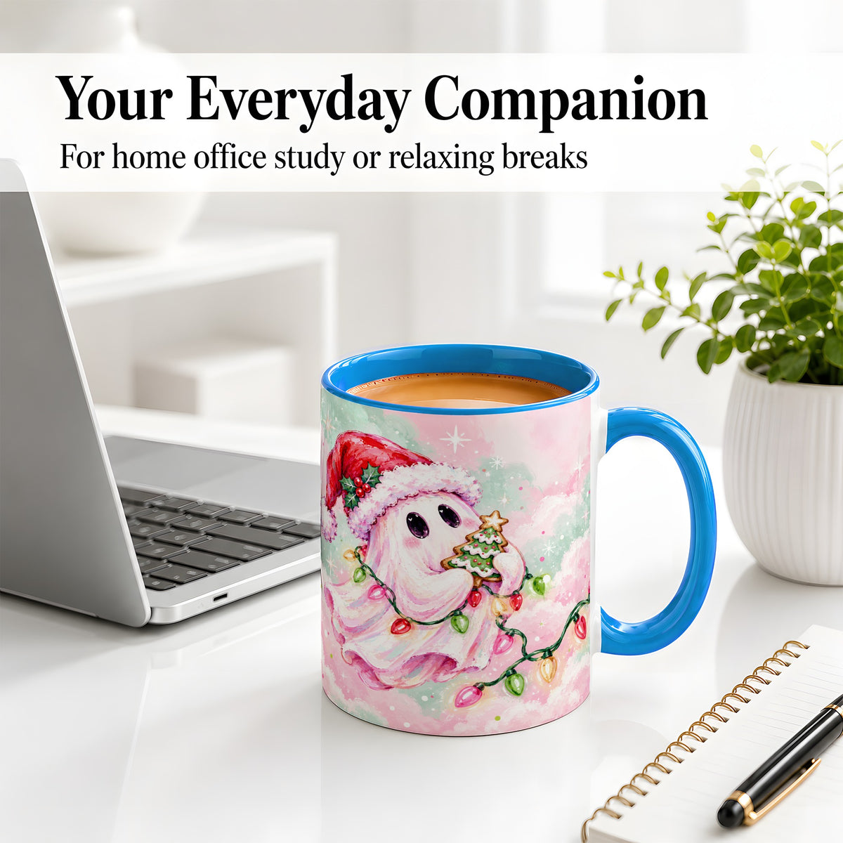 #pl[11oz|Blue] Cute Christmas Ghost Accent Mug, Ceramic Cup with Holiday Lights