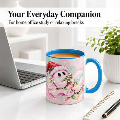 #pl[11oz|Blue] Cute Christmas Ghost Accent Mug, Ceramic Cup with Holiday Lights