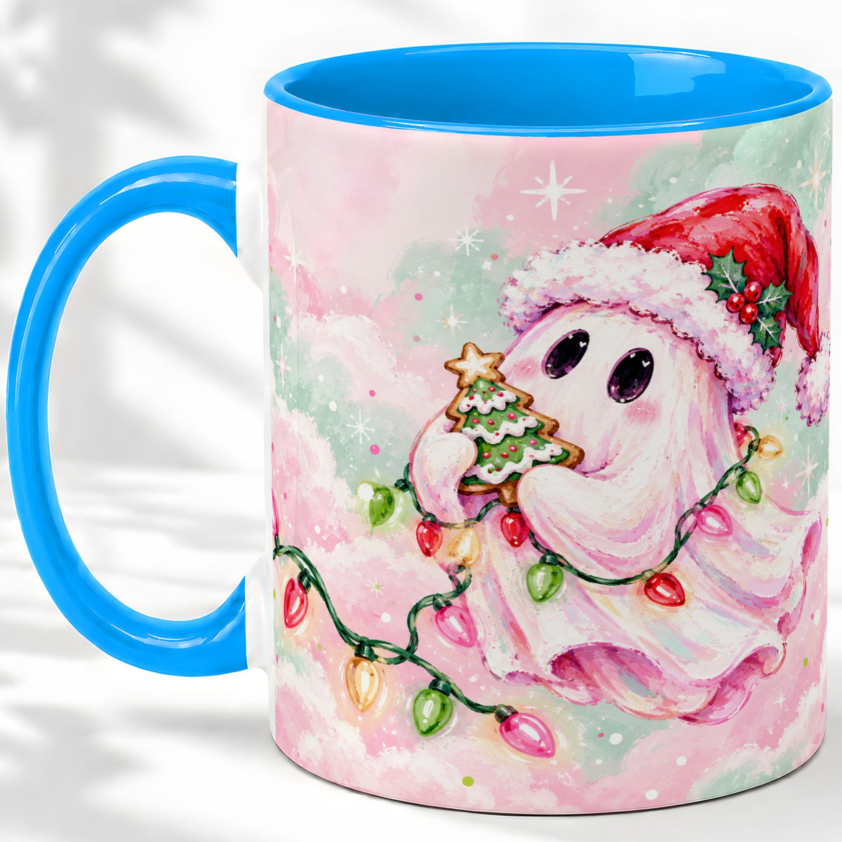 #pl[11oz|Blue] Cute Christmas Ghost Accent Mug, Ceramic Cup with Holiday Lights