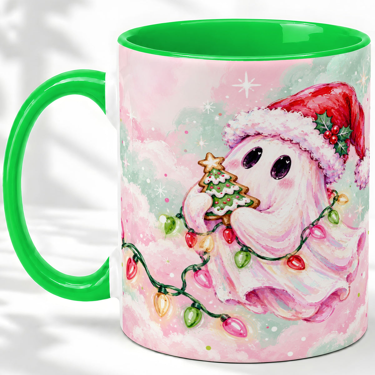 #pl[11oz|Green] Cute Christmas Ghost Accent Mug, Ceramic Cup with Holiday Lights