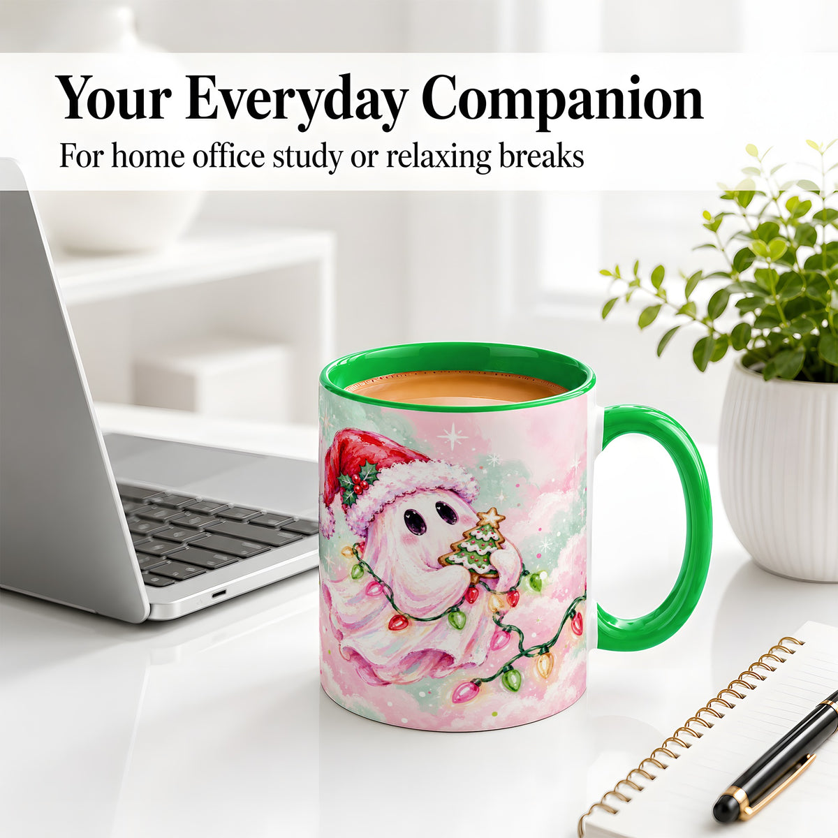 #pl[11oz|Green] Cute Christmas Ghost Accent Mug, Ceramic Cup with Holiday Lights