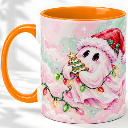 #pl[11oz|Orange] Cute Christmas Ghost Accent Mug, Ceramic Cup with Holiday Lights