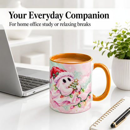 #pl[11oz|Orange] Cute Christmas Ghost Accent Mug, Ceramic Cup with Holiday Lights