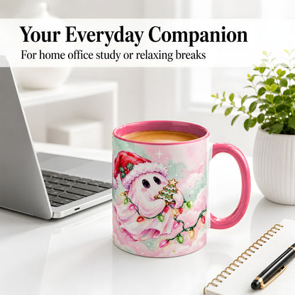 #pl[11oz|Pink] Cute Christmas Ghost Accent Mug, Ceramic Cup with Holiday Lights