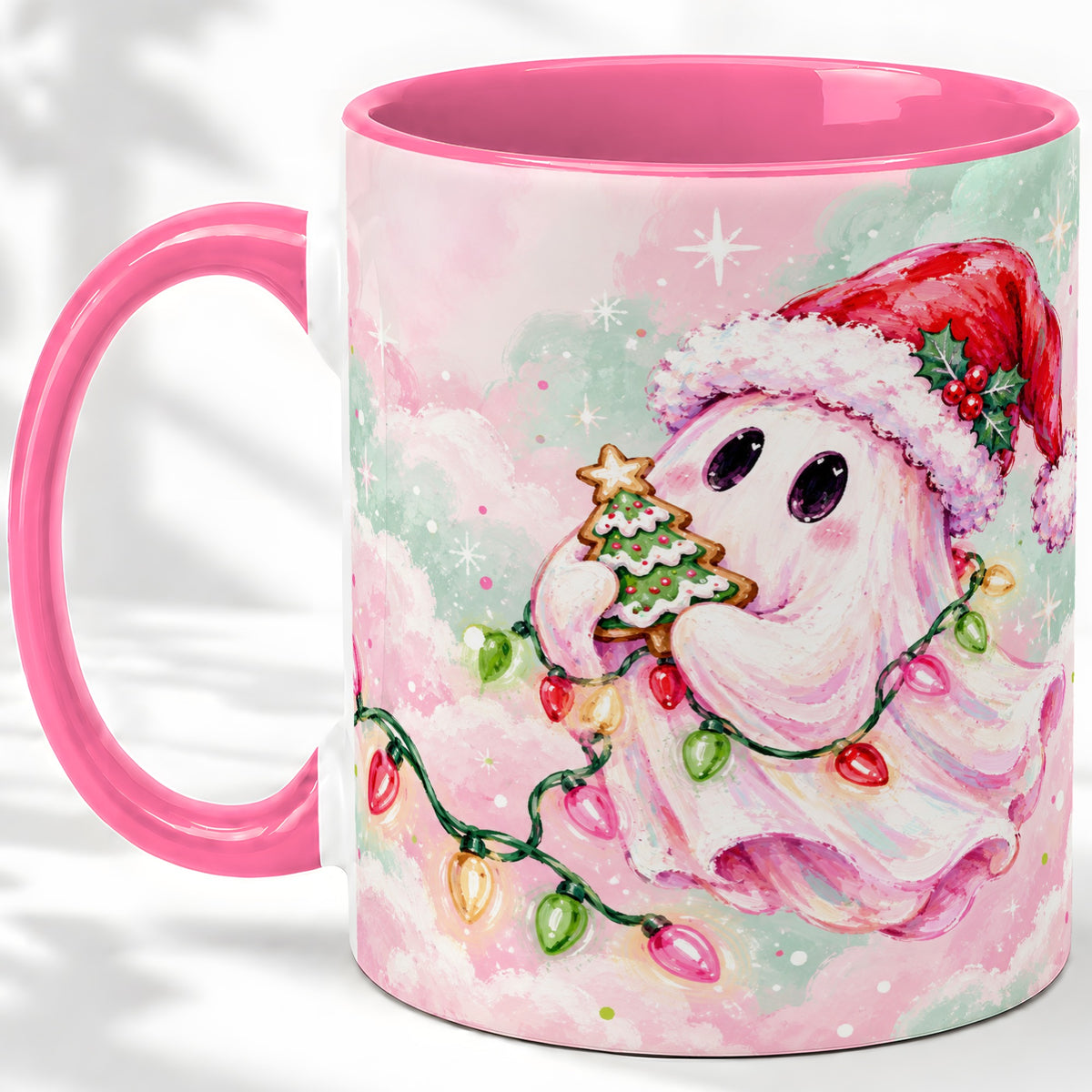 #pl[11oz|Pink] Cute Christmas Ghost Accent Mug, Ceramic Cup with Holiday Lights