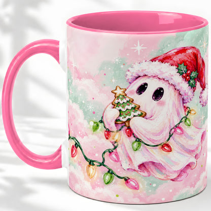 #pl[11oz|Pink] Cute Christmas Ghost Accent Mug, Ceramic Cup with Holiday Lights