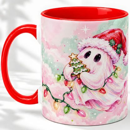Cute Christmas Ghost Accent Mug, Ceramic Cup with Holiday Lights