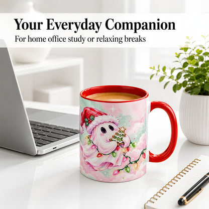 #pl[11oz|Red] Cute Christmas Ghost Accent Mug, Ceramic Cup with Holiday Lights