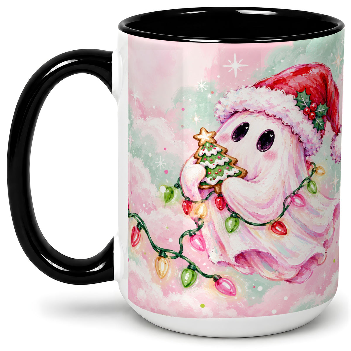 #pl[15oz|Black] Cute Christmas Ghost Accent Mug, Ceramic Cup with Holiday Lights
