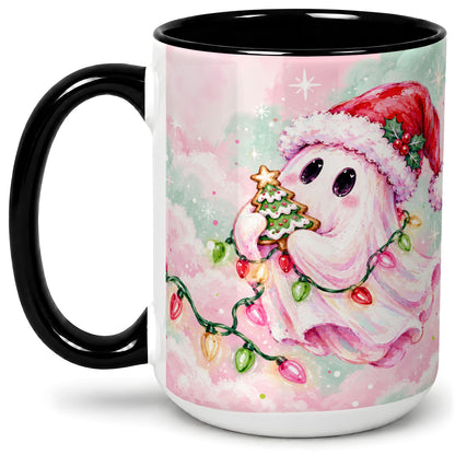 #pl[15oz|Black] Cute Christmas Ghost Accent Mug, Ceramic Cup with Holiday Lights