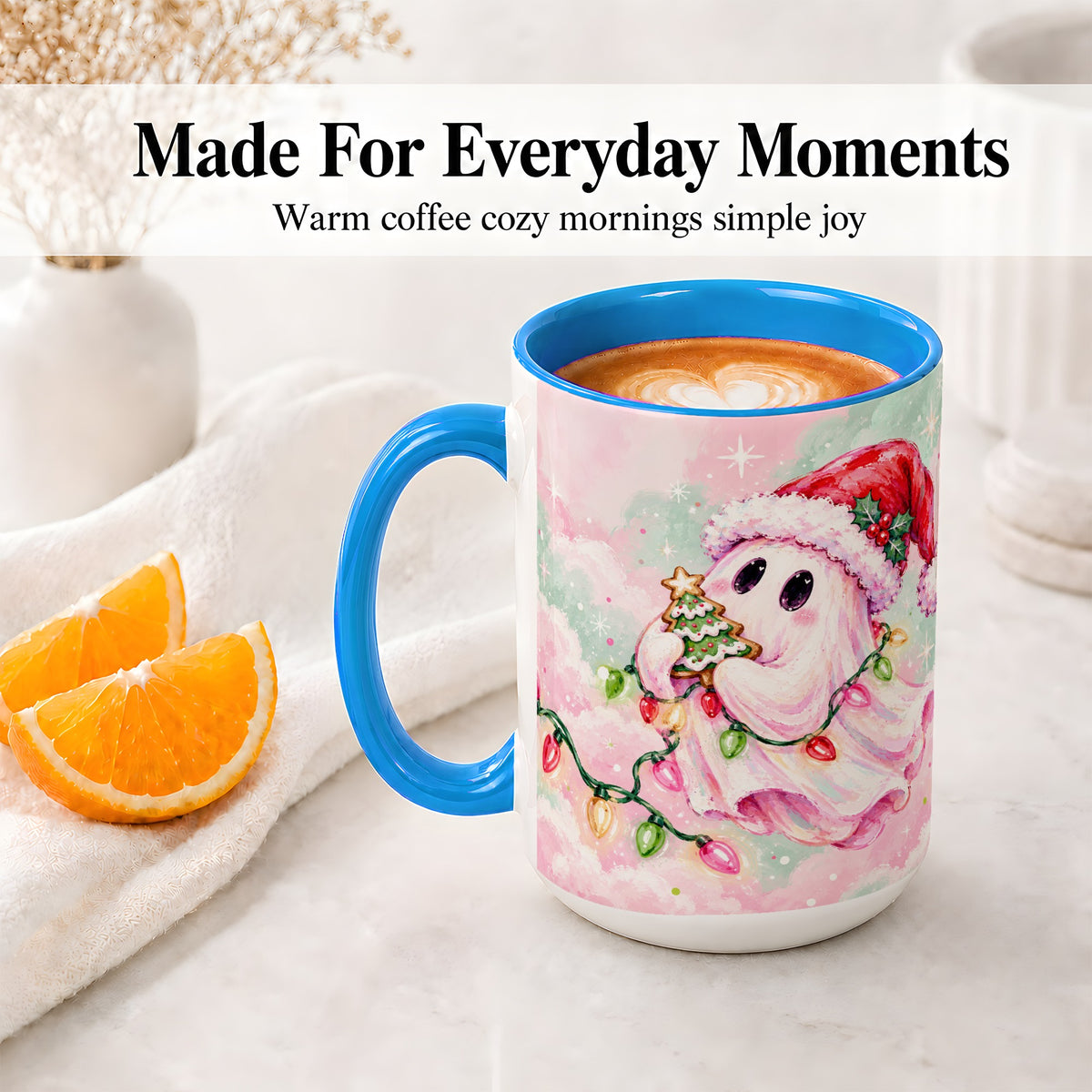 #pl[15oz|Blue] Cute Christmas Ghost Accent Mug, Ceramic Cup with Holiday Lights
