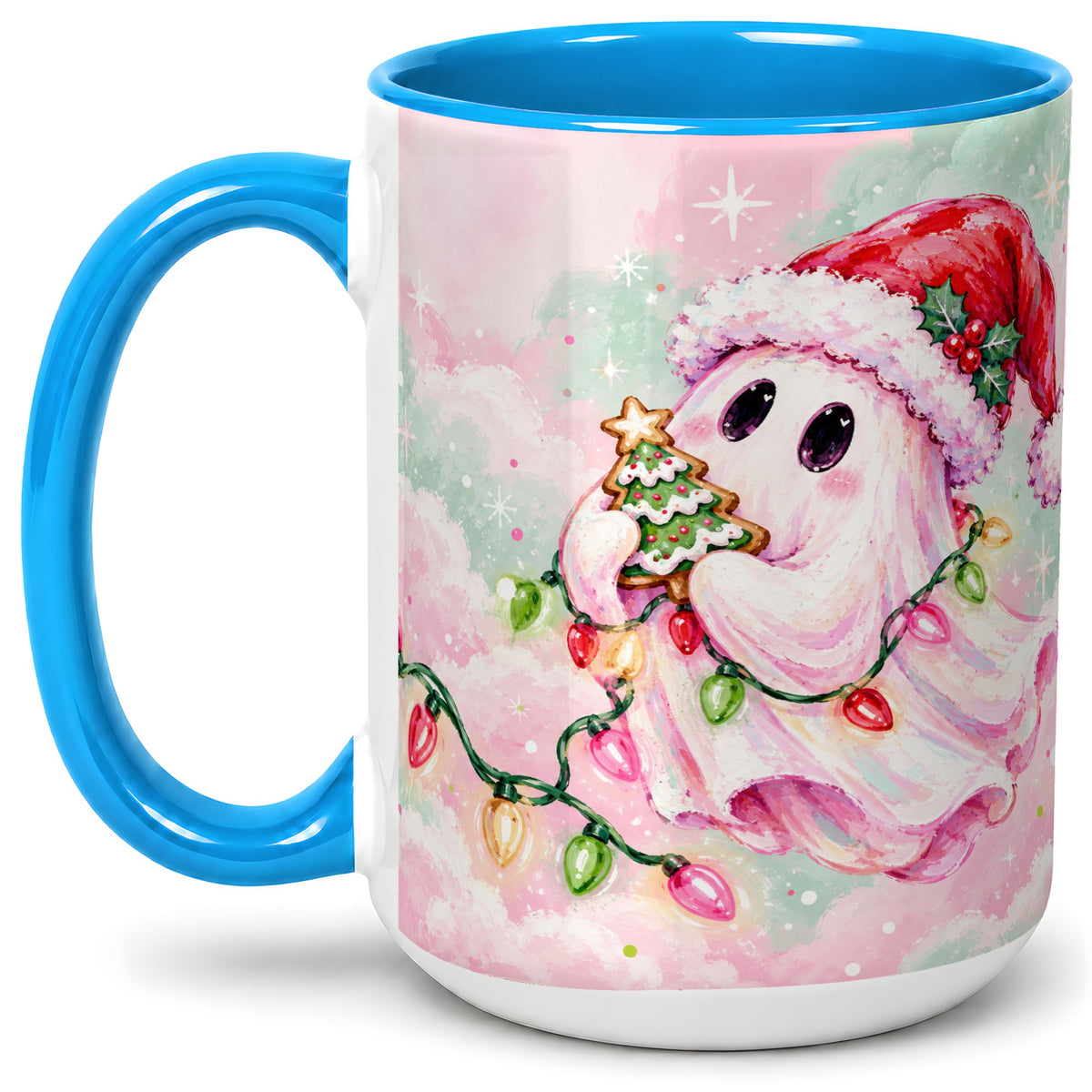 #pl[15oz|Blue] Cute Christmas Ghost Accent Mug, Ceramic Cup with Holiday Lights