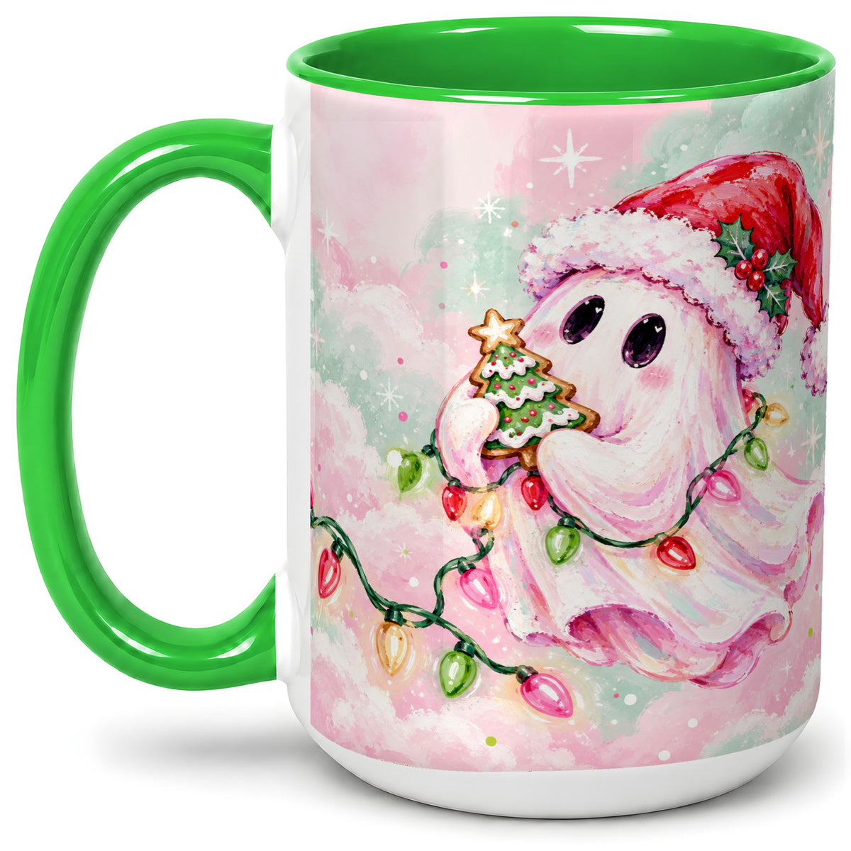 #pl[15oz|Green] Cute Christmas Ghost Accent Mug, Ceramic Cup with Holiday Lights