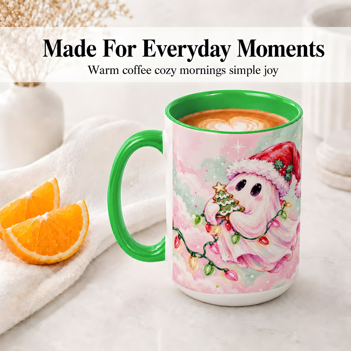 #pl[15oz|Green] Cute Christmas Ghost Accent Mug, Ceramic Cup with Holiday Lights