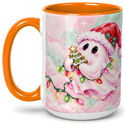 #pl[15oz|Orange] Cute Christmas Ghost Accent Mug, Ceramic Cup with Holiday Lights