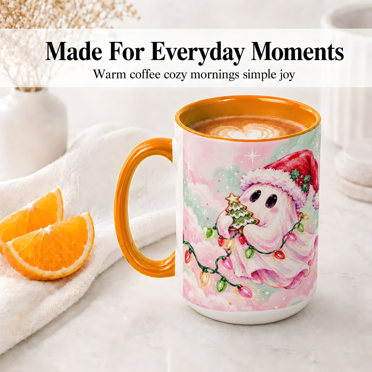 #pl[15oz|Orange] Cute Christmas Ghost Accent Mug, Ceramic Cup with Holiday Lights