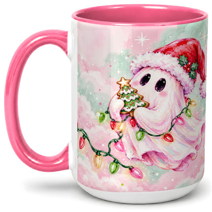 #pl[15oz|Pink] Cute Christmas Ghost Accent Mug, Ceramic Cup with Holiday Lights