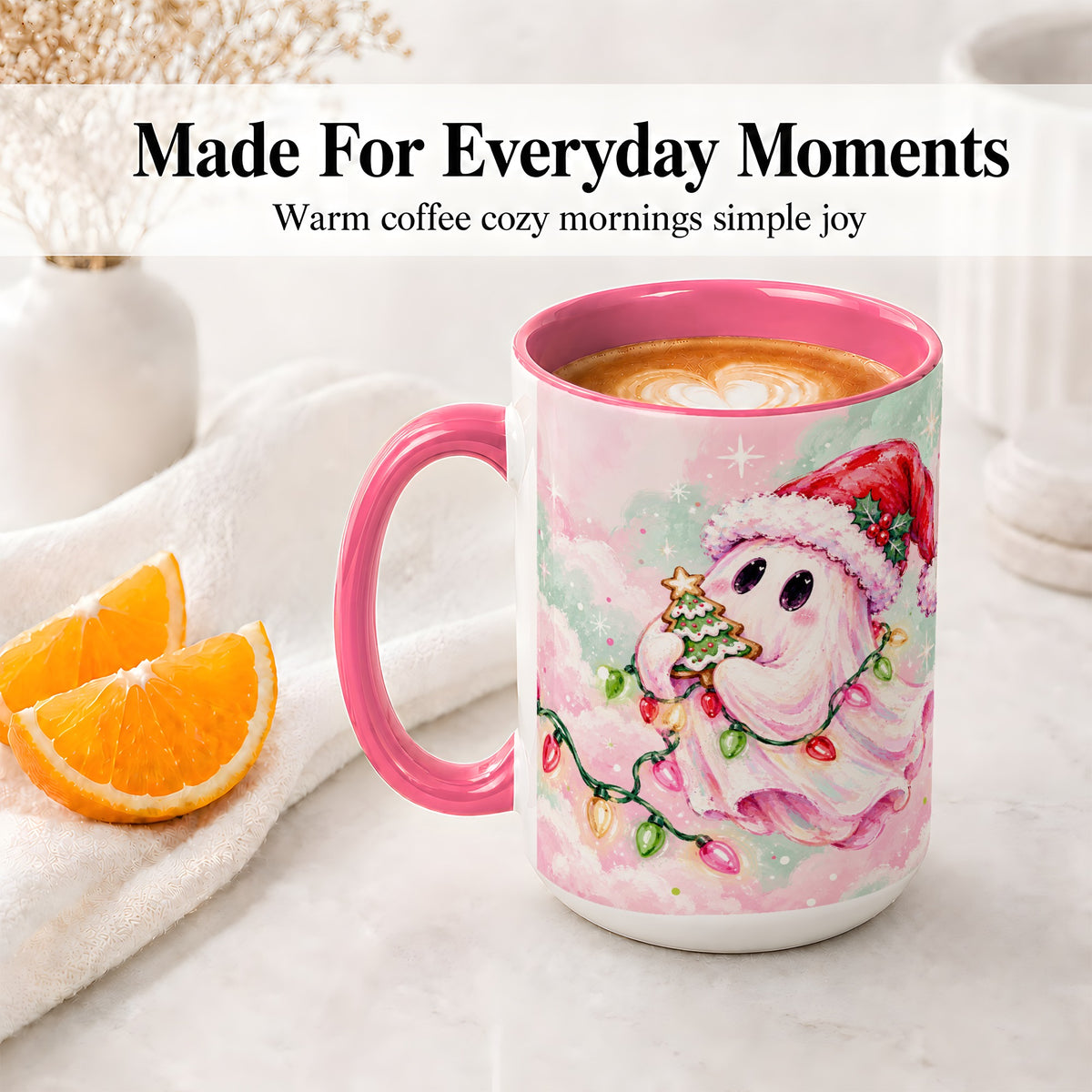 #pl[15oz|Pink] Cute Christmas Ghost Accent Mug, Ceramic Cup with Holiday Lights