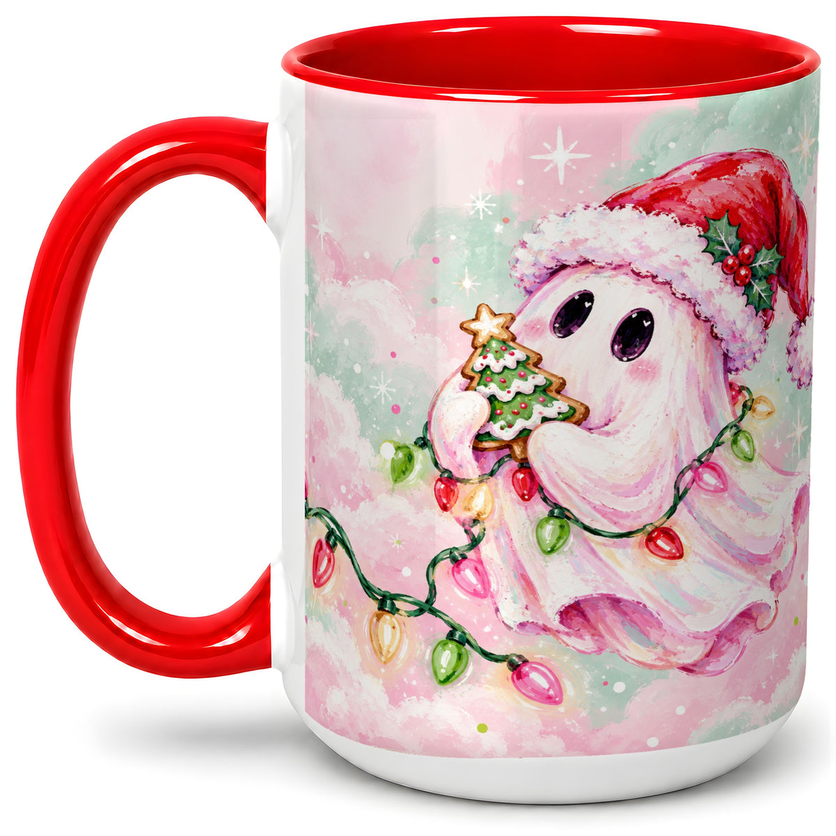 #pl[15oz|Red] Cute Christmas Ghost Accent Mug, Ceramic Cup with Holiday Lights
