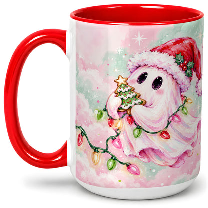 #pl[15oz|Red] Cute Christmas Ghost Accent Mug, Ceramic Cup with Holiday Lights
