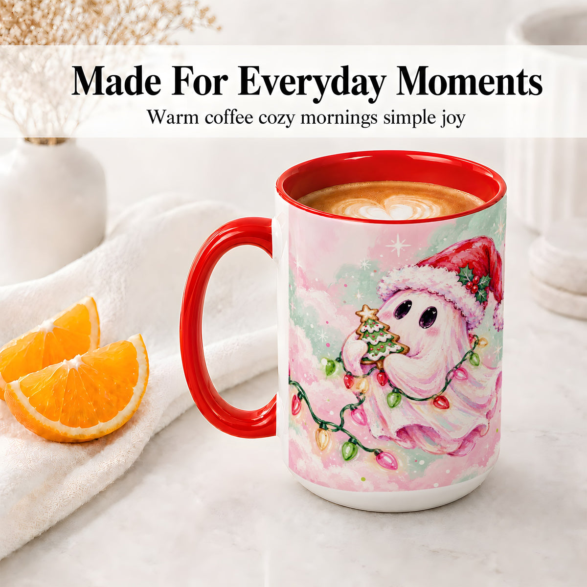 #pl[15oz|Red] Cute Christmas Ghost Accent Mug, Ceramic Cup with Holiday Lights