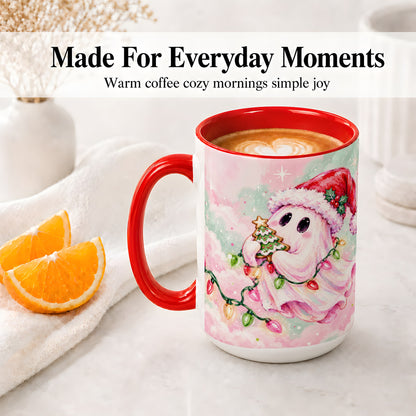 #pl[15oz|Red] Cute Christmas Ghost Accent Mug, Ceramic Cup with Holiday Lights