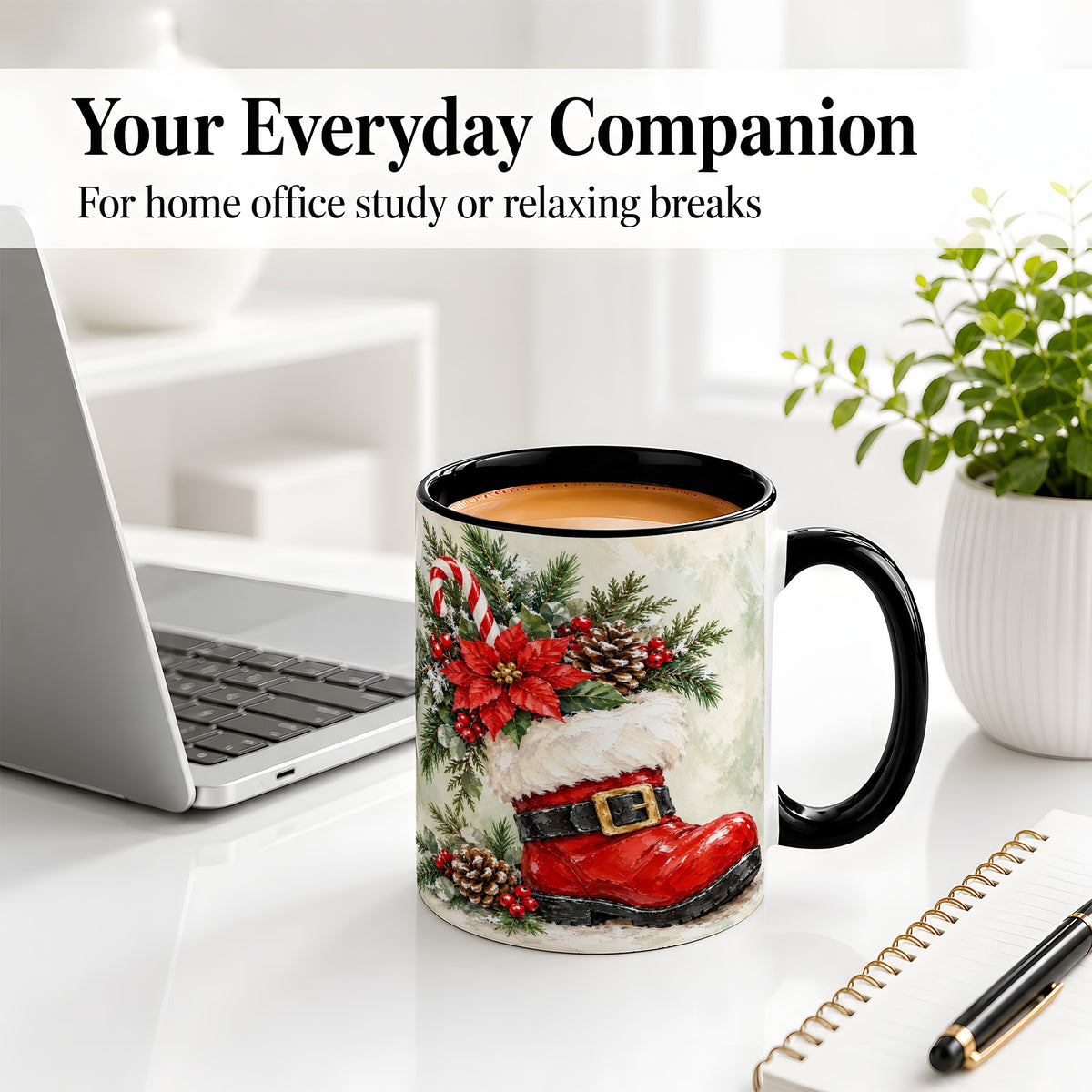 #pl[11oz|Black] Santa Boot Christmas Accent Mug, Ceramic Cup with Poinsettia Art