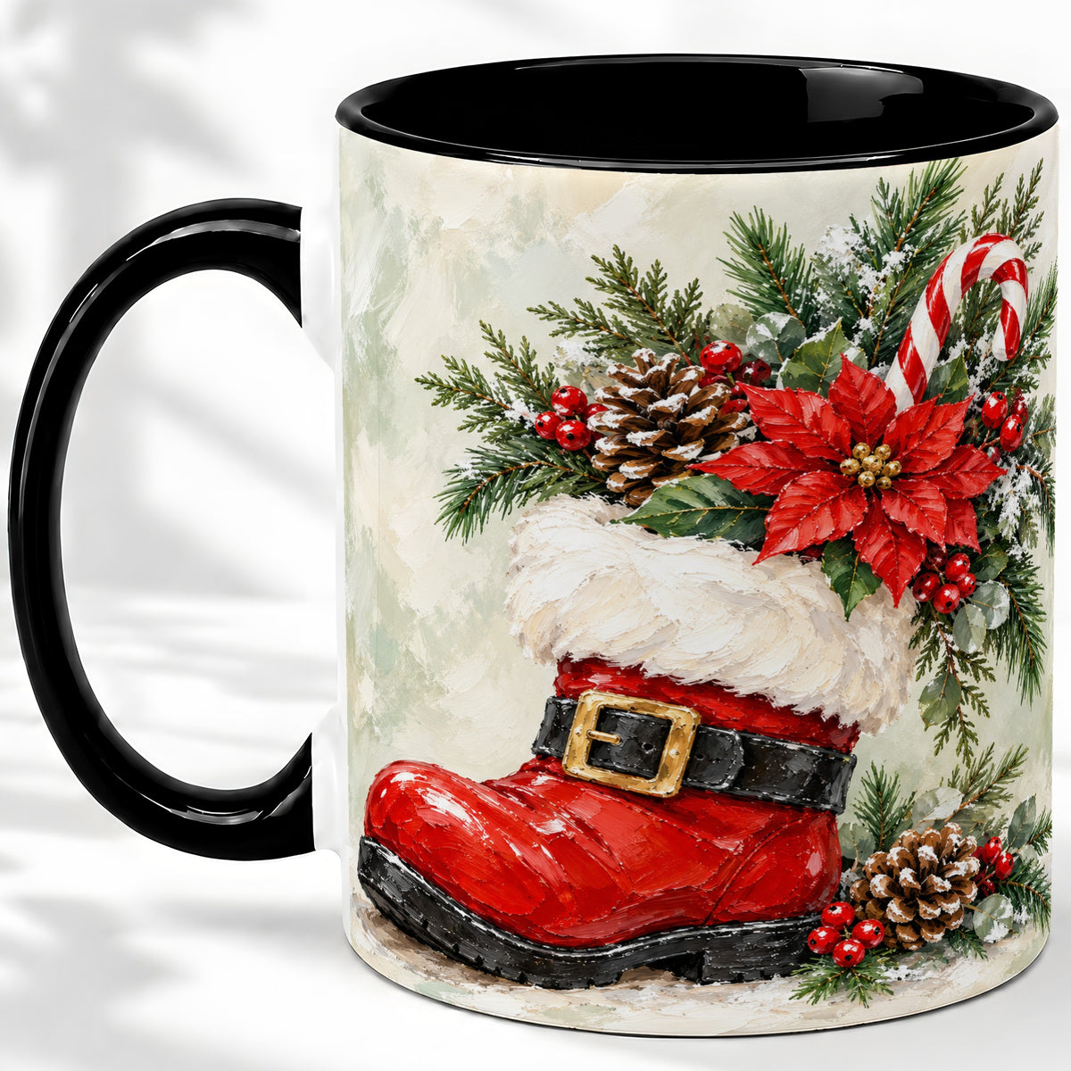#pl[11oz|Black] Santa Boot Christmas Accent Mug, Ceramic Cup with Poinsettia Art