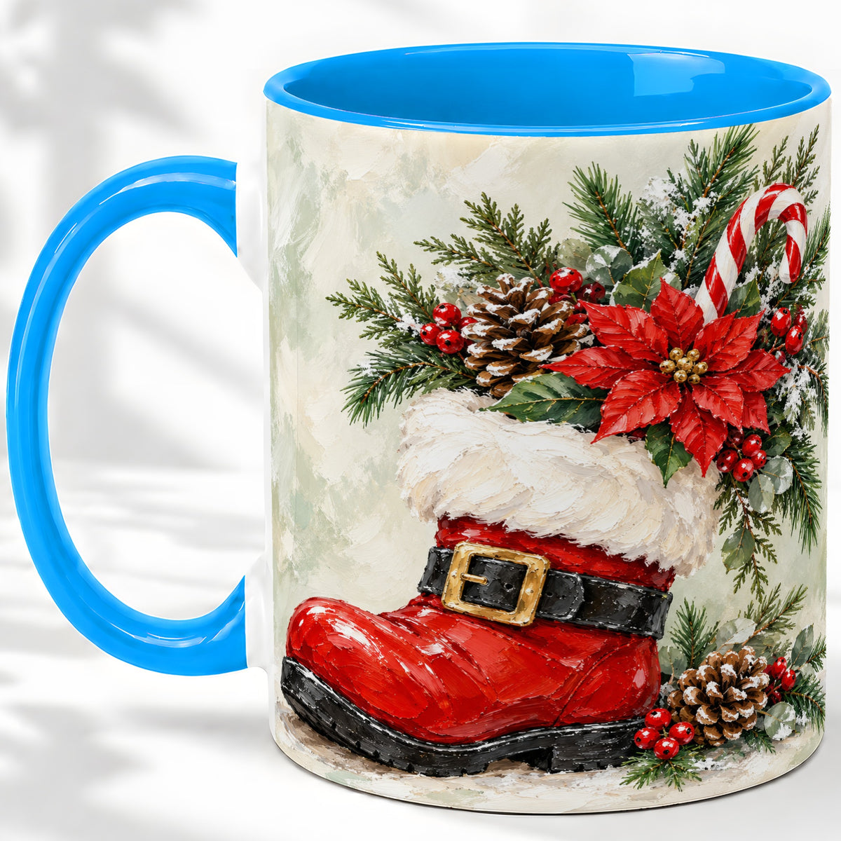 #pl[11oz|Blue] Santa Boot Christmas Accent Mug, Ceramic Cup with Poinsettia Art