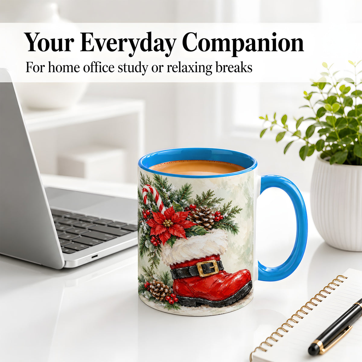 #pl[11oz|Blue] Santa Boot Christmas Accent Mug, Ceramic Cup with Poinsettia Art