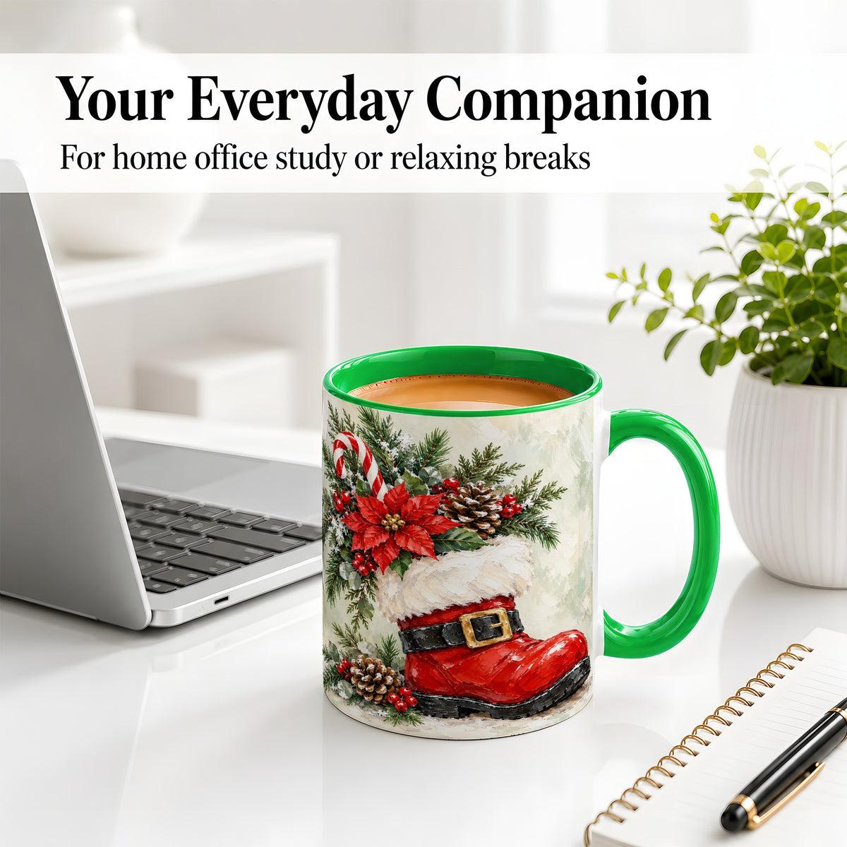 #pl[11oz|Green] Santa Boot Christmas Accent Mug, Ceramic Cup with Poinsettia Art