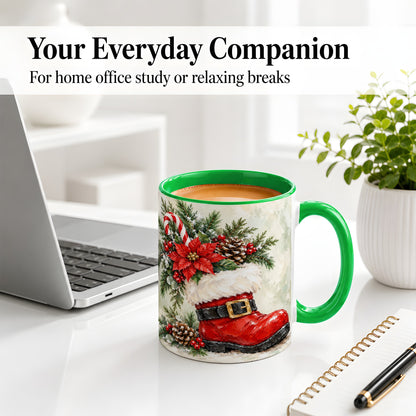 #pl[11oz|Green] Santa Boot Christmas Accent Mug, Ceramic Cup with Poinsettia Art