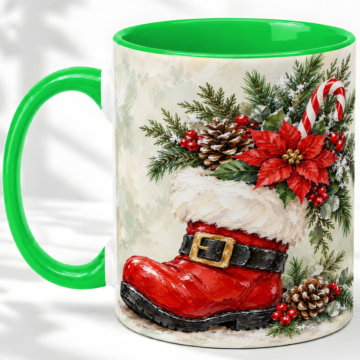 #pl[11oz|Green] Santa Boot Christmas Accent Mug, Ceramic Cup with Poinsettia Art