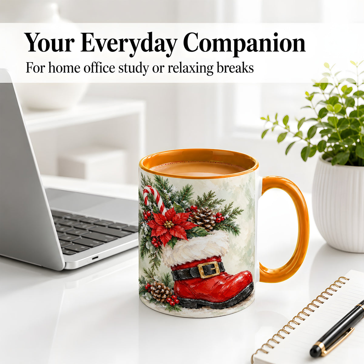 #pl[11oz|Orange] Santa Boot Christmas Accent Mug, Ceramic Cup with Poinsettia Art