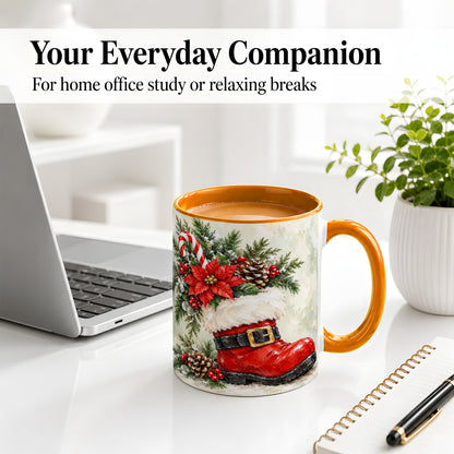 #pl[11oz|Orange] Santa Boot Christmas Accent Mug, Ceramic Cup with Poinsettia Art