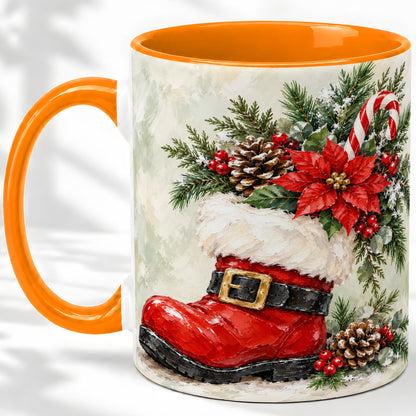 #pl[11oz|Orange] Santa Boot Christmas Accent Mug, Ceramic Cup with Poinsettia Art