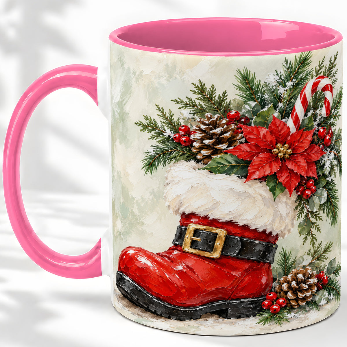 #pl[11oz|Pink] Santa Boot Christmas Accent Mug, Ceramic Cup with Poinsettia Art