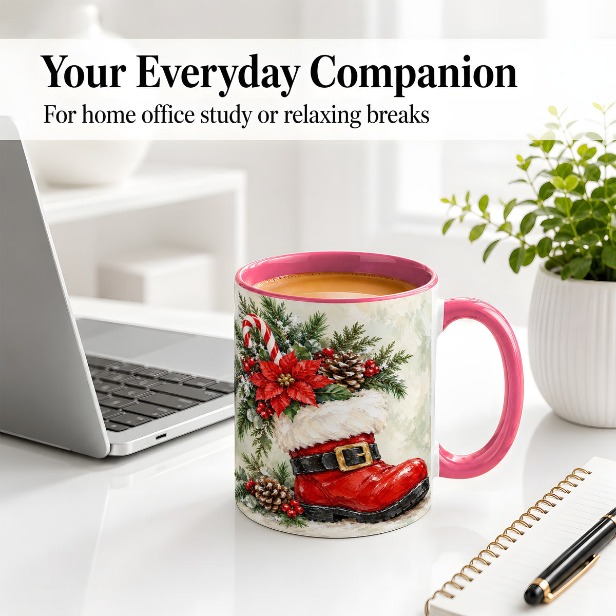 #pl[11oz|Pink] Santa Boot Christmas Accent Mug, Ceramic Cup with Poinsettia Art