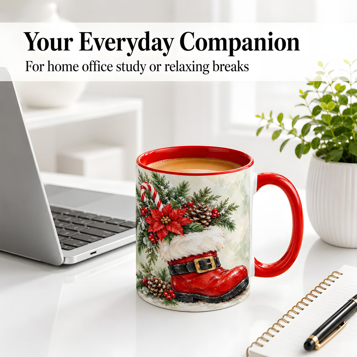 #pl[11oz|Red] Santa Boot Christmas Accent Mug, Ceramic Cup with Poinsettia Art