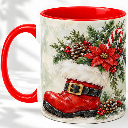Santa Boot Christmas Accent Mug, Ceramic Cup with Poinsettia Art