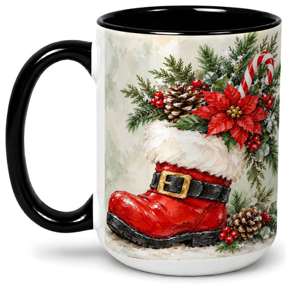 #pl[15oz|Black] Santa Boot Christmas Accent Mug, Ceramic Cup with Poinsettia Art