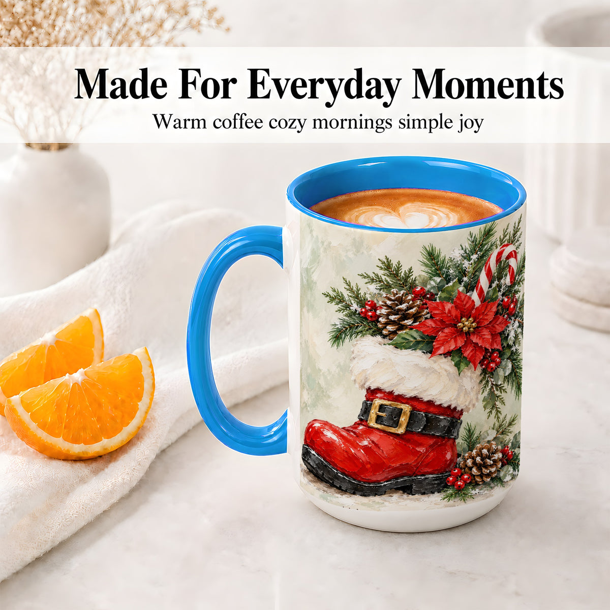 #pl[15oz|Blue] Santa Boot Christmas Accent Mug, Ceramic Cup with Poinsettia Art