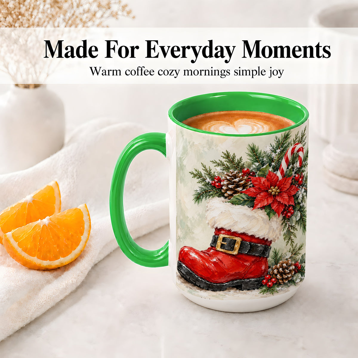 #pl[15oz|Green] Santa Boot Christmas Accent Mug, Ceramic Cup with Poinsettia Art