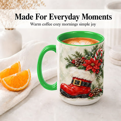 #pl[15oz|Green] Santa Boot Christmas Accent Mug, Ceramic Cup with Poinsettia Art