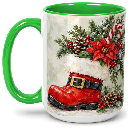 #pl[15oz|Green] Santa Boot Christmas Accent Mug, Ceramic Cup with Poinsettia Art
