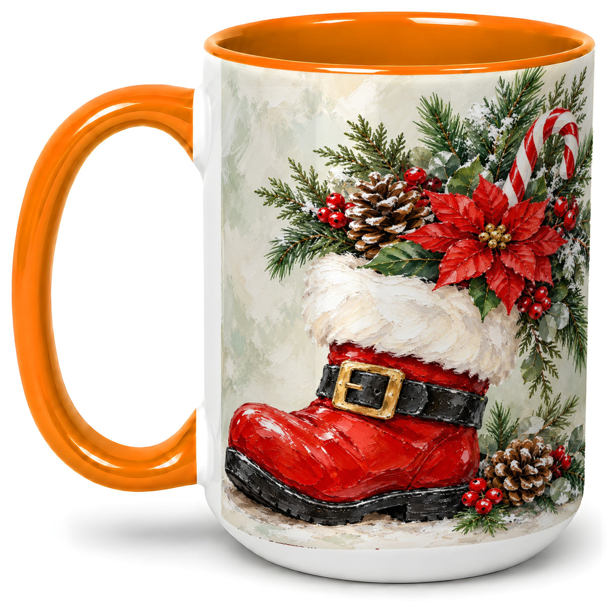 #pl[15oz|Orange] Santa Boot Christmas Accent Mug, Ceramic Cup with Poinsettia Art