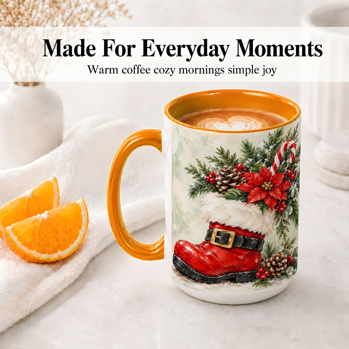 #pl[15oz|Orange] Santa Boot Christmas Accent Mug, Ceramic Cup with Poinsettia Art